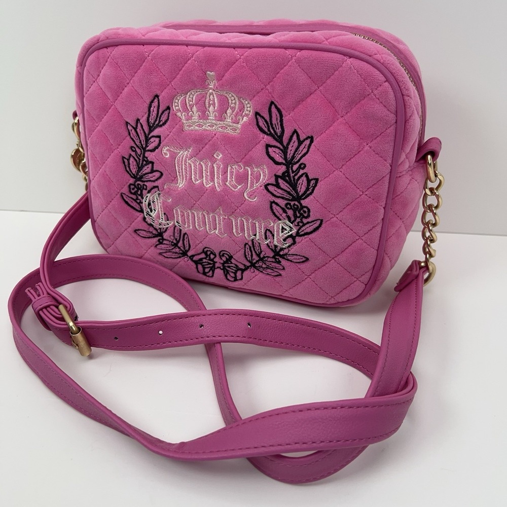 JUICY COUTURE Royal Couture Velour Crossbody Bag Hot Pink Quilted Gold‎ Link Y2K
